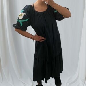 Vintage Boho Modest Black Midi Hippie Sun Dress Lily Puff Sleeves Scoop Neck